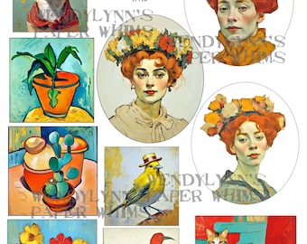 IMPRIMABLE, téléchargement immédiat, feuille de collage numérique, cliparts, 10 images d'art style Henri De Toulouse-Lautrec, chien, chat, oiseaux, plantes, femmes