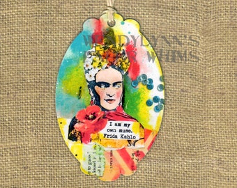 Bookmark, Frida Kahlo, Journaling Tag, Mixed Media Collage Art, Frida Quote, I am My Own Muse, Flowers, Hand Colored Stamp, Strong Woman Art