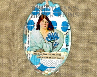 Bookmark, Book Marker, Beautiful Woman, Vintage, Mid Century, Mixed Media, Collage Art, blue flowers, Uplifting Message, Gift for Woman, Tag