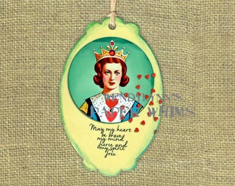 Bookmark, Beautiful Woman, Golden Crown with Red Gems, Mid-Century Illustration, May my Heart be Brave, My MInd Fierece and My Spirit Free