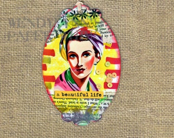 Bookmark, 1950's Woman with Colorful Headwrap, Retro Illustration, Mixed Media, Collage Art, A Beautiful Life, Small Gift, Tag