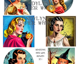 PRINTABLE, Instant Download, Digital Collage Sheet, Halloween Ladies, Witch Hats, Pumpkins, Black Cats, Spiders, Mid Century Illustrations