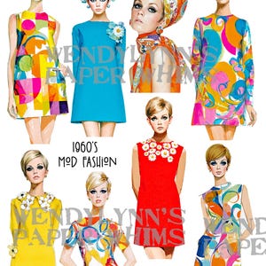 Puede incluir: Una colección de ilustraciones de moda titulada 1960's MOD FASHION y WENDYLYNN'S PAPER WHIMS. La obra presenta figuras con vestidos rectos coloridos con patrones geométricos, florales y abstractos, incluyendo vestidos rojos y amarillos sólidos con detalles de margaritas.