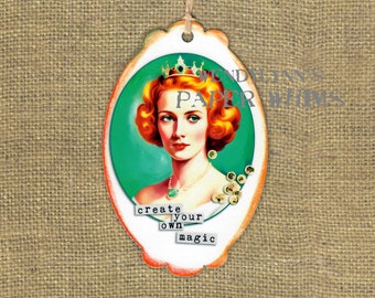 Bookmark, Beautiful Woman, Golden Crown, Mid-Century Illustration, Create Your Own Magic, Planner Marker, Small Gift, Tag