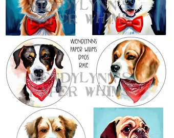 PRINTABLE, Instant Download, Digital Collage Sheet, Six Dogs, Puppies, Red Bandana, Red Bowtie, Blue Bow Tie, Crown, Watercolor, Mid Century