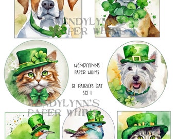 PRINTABLE, Instant Download, Digital Collage Sheet, Clipart, Seven (7) St. Patrick's Day #1, Dogs, Cats, Birds, Paper Crafting, Journaling