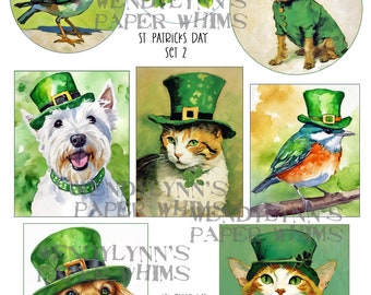 PRINTABLE, Instant Download, Digital Collage Sheet, Clipart, Eight (8) St. Patrick's Day #2, Dogs, Cats, Birds, Paper Crafting, Journaling