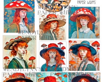 PRINTABLE, Instant Download, Digital Collage Sheet, Clipart, Ten (10) Beautiful Redhead Females with Mushrooms Images, Fungi, Strange Art