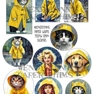 PRINTABLE, Instant Download, Digital Collage Sheet, Clipart, Ten 10 Yellow Rain Slickers, Dogs, Cats, Girls, Paper Crafts, Junk Journaling image 1