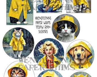 PRINTABLE, Instant Download, Digital Collage Sheet, Clipart, Ten (10) Yellow Rain Slickers, Dogs, Cats, Girls, Paper Crafts, Junk Journaling