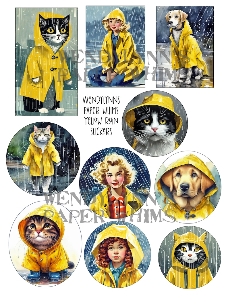 PRINTABLE, Instant Download, Digital Collage Sheet, Clipart, Ten 10 Yellow Rain Slickers, Dogs, Cats, Girls, Paper Crafts, Junk Journaling image 1