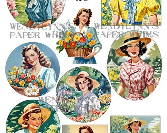 PRINTABLE, Instant Download, Digital Collage Sheet, Clipart, Nine (9) Springtime Ladies, Gardening, Flowers, Paper Crafts, Junk Journaling