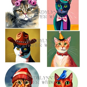 IMPRIMÍVEL, gatos com acessórios para a cabeça (encrespadores, chapéu de cowboy, gorro, pássaro azul, chapéu de festa) Download instantâneo, folha de colagem digital, clipart