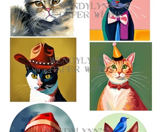 PRINTABLE, Instant Download, Digital Collage Sheet, Cats With Hats, Party Hat, Pink Hair Rollers, Cowboy Hat, Beanie Cap, Blue Bird, Feline