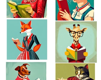 PRINTABLE, Instant Download, Digital Collage Sheet, Cat Reading, Fox Reading, Giraffe Reading, Dog Reading, Illustrations, Six Designs