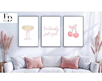 Trendy Pink Schleifen Wand Kunst 3er Set, Preppy Poster, College Wohnung Dekor, Aquarell Bögen Druck, kokette Raumdekoration, Girly Wandkunst,