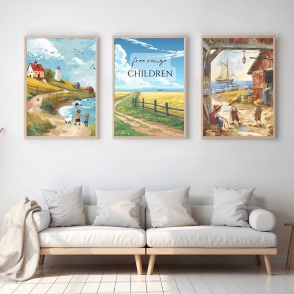 Set of 3 Prints, Wall Art, Farm Children, Farmhouse Prints, Scenery Prints, Landscape Wall Art, Poster Prints, Free Range Children Quote