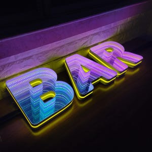 Espejos infinitos, espejos infinitos personalizados, letrero de espejo infinito de neón, letrero de espejo LED, letras 3D brillantes, letrero con logotipo comercial en 3D, logotipo de bar