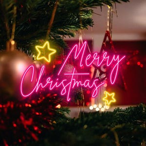 Merry Christmas Neon Sign - Brighten up your holidays with this vibrant &quot;Merry Christmas&quot; neon light, perfect for Xmas party, festive cheer.
