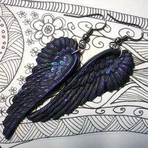 Black as Night Oil Slick raven crow angel wings earrings gothic elven fallen jewelry image 1