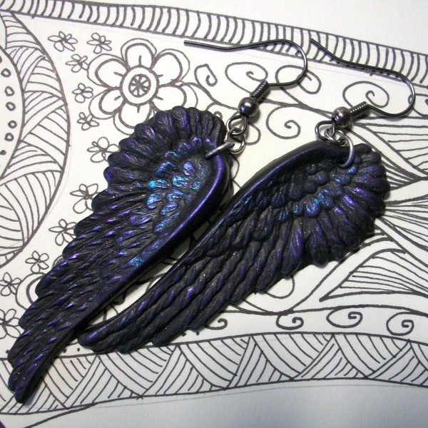 Black as Night Oil Slick raven crow angel wings earrings gothic elven fallen jewelry