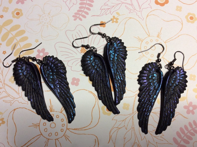 Black as Night Oil Slick raven crow angel wings earrings gothic elven fallen jewelry image 4