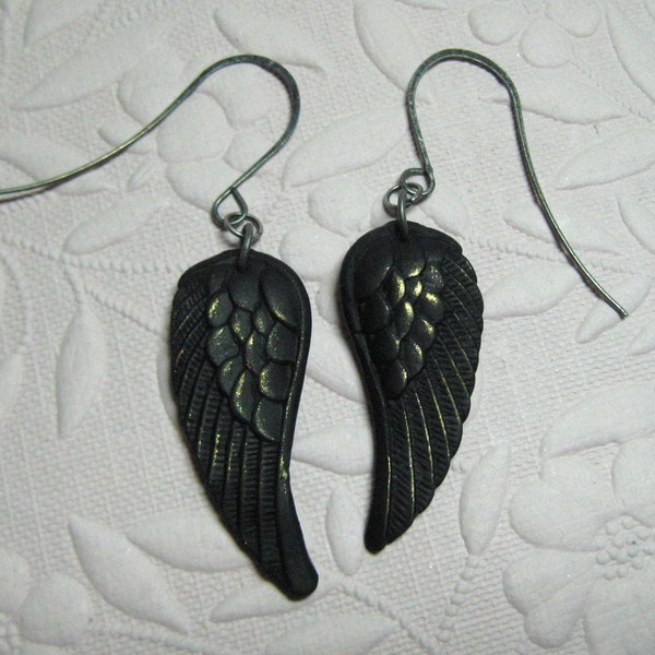 Crow's wing earrings - matte black with GOLD detail Raven black bird gothic jewelry