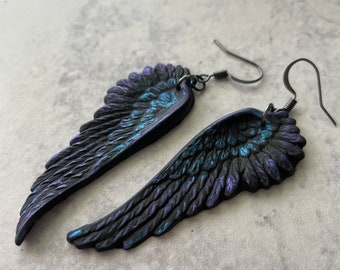 Raven Wings oilslick feathers blue purple black Earrings for Fallen Fans