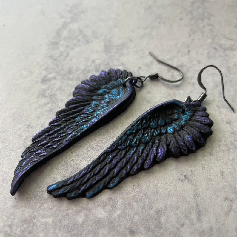 Black as Night Oil Slick raven crow angel wings earrings gothic elven fallen jewelry image 5