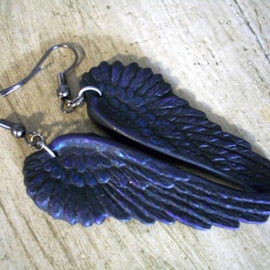 Black as Night Oil Slick raven crow angel wings earrings gothic elven fallen jewelry image 7