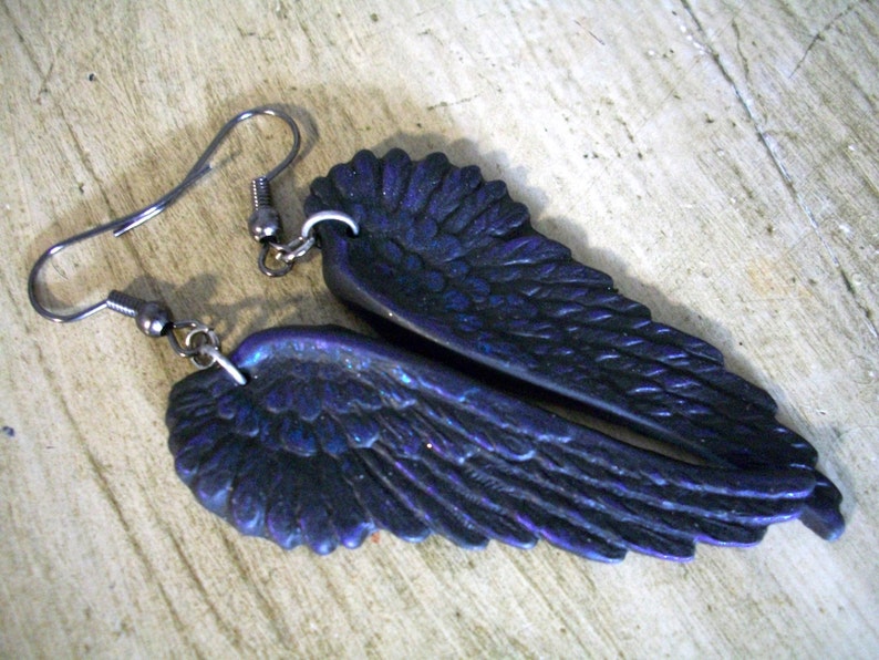 Black as Night Oil Slick raven crow angel wings earrings gothic elven fallen jewelry image 7