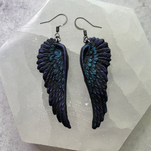 Black as Night Oil Slick raven crow angel wings earrings gothic elven fallen jewelry image 3