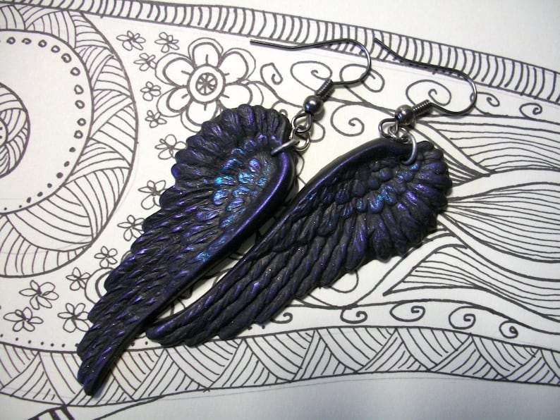 Black as Night Oil Slick raven crow angel wings earrings gothic elven fallen jewelry image 1