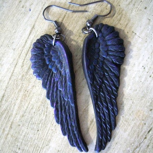 Black as Night Oil Slick raven crow angel wings earrings gothic elven fallen jewelry image 6