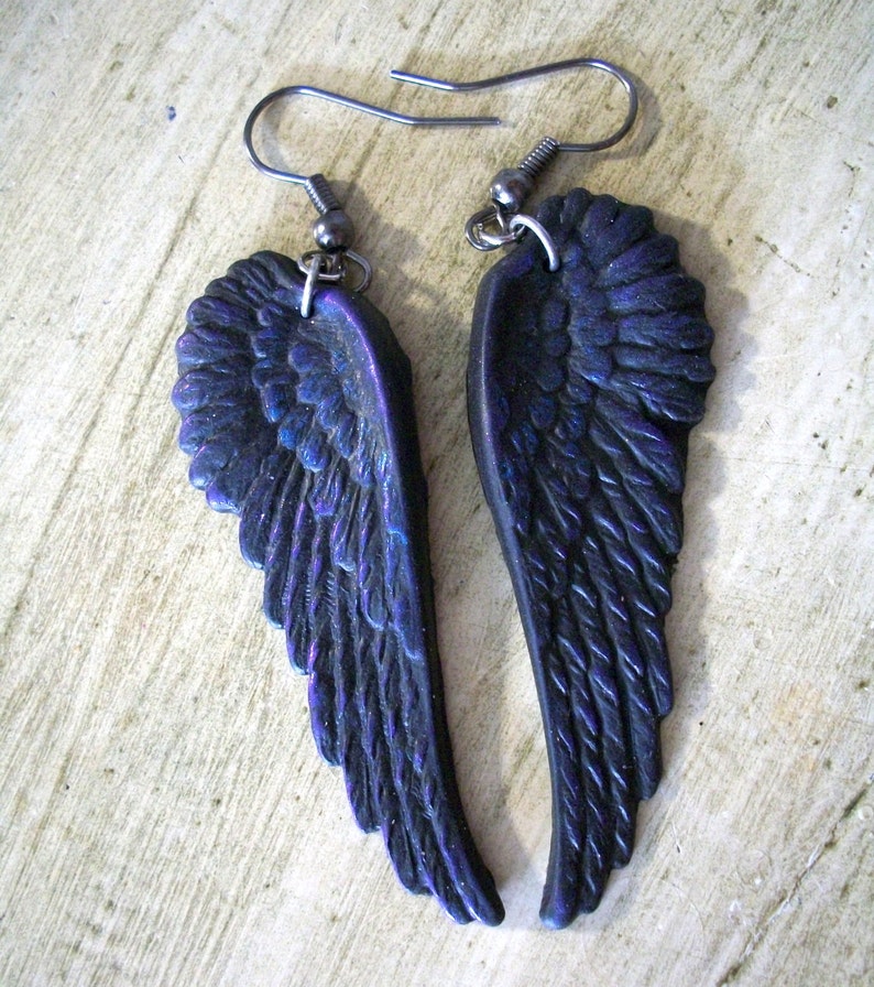 Black as Night Oil Slick raven crow angel wings earrings gothic elven fallen jewelry image 6