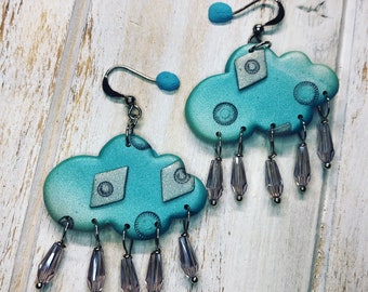 Rainy day rain cloud drop earrings polymer clay slab