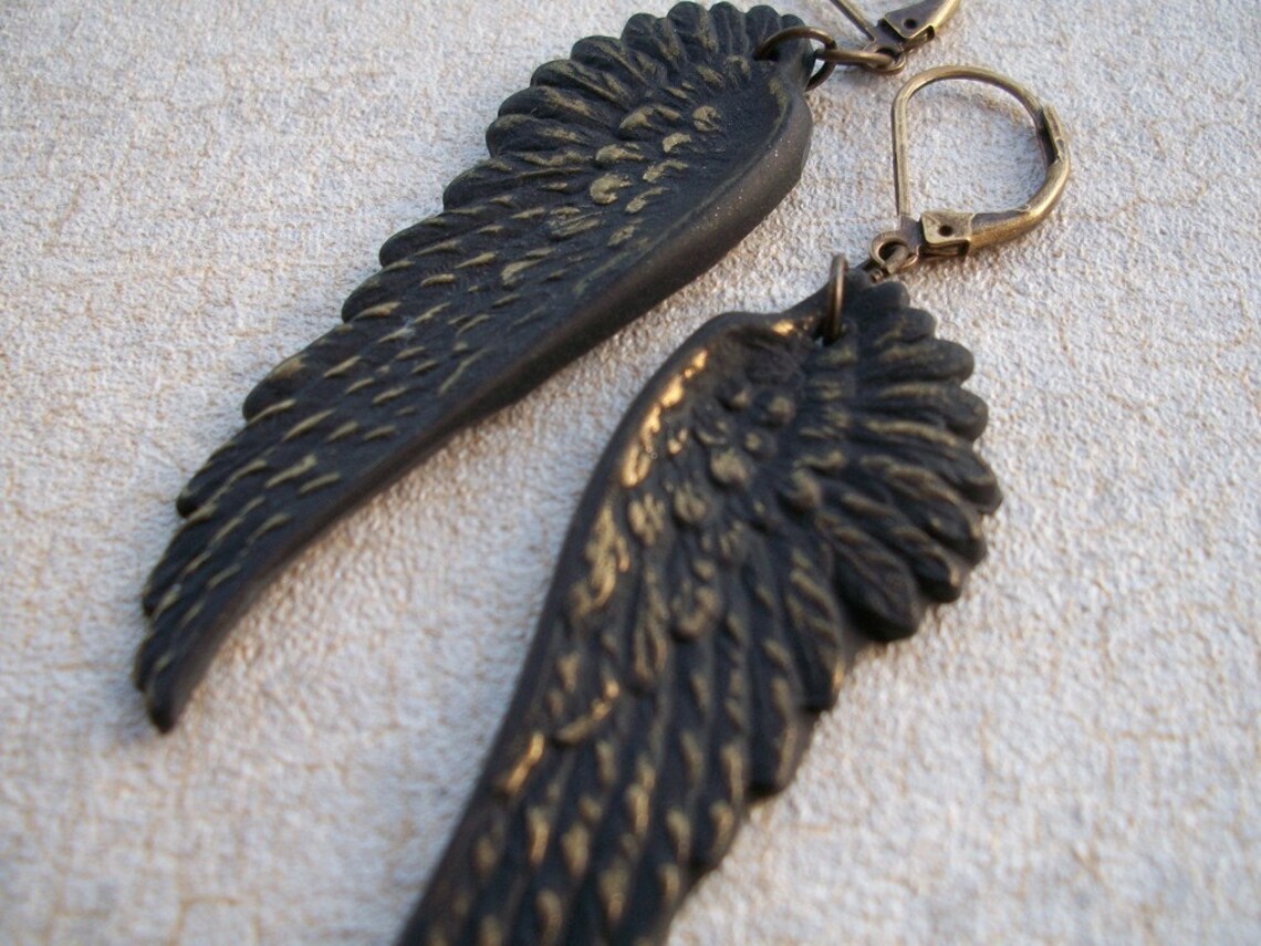 Golddust Raven Crow Black Wings Earrings Gothic Elven Angel Etsy