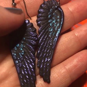 Black as Night Oil Slick raven crow angel wings earrings gothic elven fallen jewelry image 2