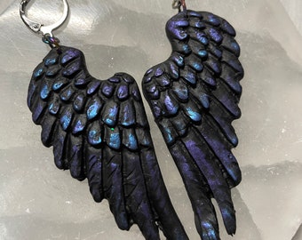 Black as Night Oil Slick larger raven crow angel wings earrings gothic elven fallen jewelry