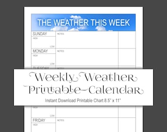 WEEKLY WEATHER CALENDAR - printable weather log, weather journal, instant download digital download, children and adults homeschool resource
