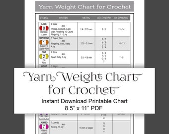 Yarn Weight Chart for Crochet Reference for hooks and yarn, instant download 8.5" x 11" PDF, digital download, crochet project planner