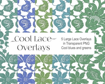 LACE CLIPART in cool shades of blue and green, LARGE transparent png files 8.5" x 14.5" @ 300 dpi, digital lace embellishments, lace overlay
