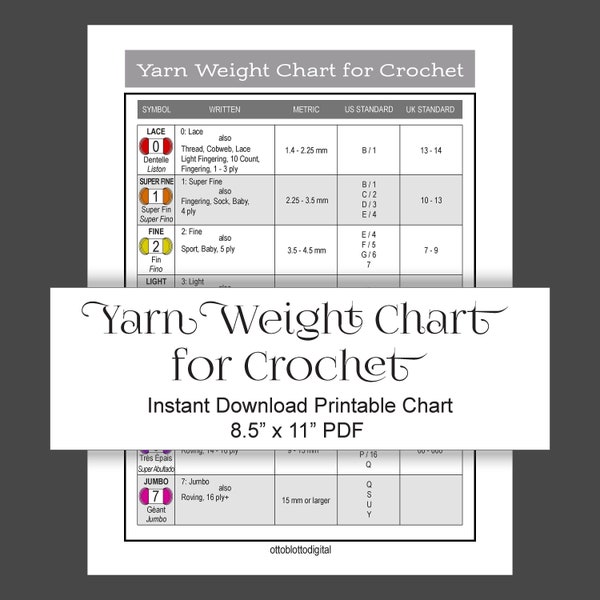 Yarn Weight Chart for Crochet Reference for hooks and yarn, instant download 8.5" x 11" PDF, digital download, crochet project planner
