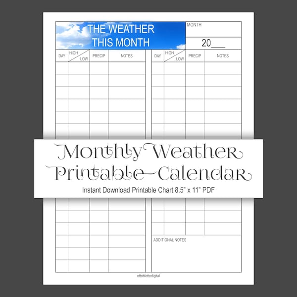 MONTHLY WEATHER CALENDAR - printable weather log, weather journal, instant download, digital download, blue sky, children and adults