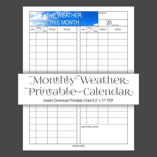 MONTHLY WEATHER CALENDAR - printable weather log, weather journal, instant download, digital download, blue sky, children and adults