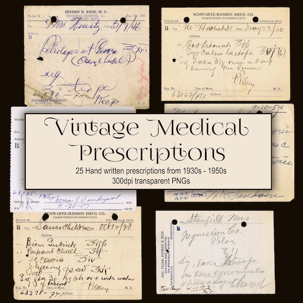 Vintage Handwritten Medical Prescriptions are unique digital resources ready for your analog or digital collage or junk journal project