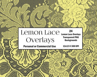 LEMON LACE Overlay 24 @ 3600 x 3600 300 dpi transparent lace PNG, printable lace clipart, digital download printable scrapbook paper, floral