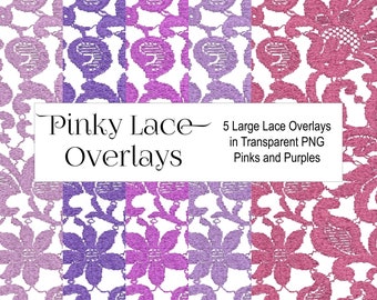 DIGITAL LACE Embellishments in shades of pink and purple, LARGE transparent png files 8.5" x 14.5" @ 300 dpi, lace clipart, lace overlay