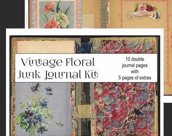 VINTAGE FLORAL Junk Journal Kit - Instant download printable with 10 double journal pages and coordinating tags, borders, and circles