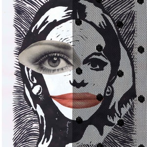 May include: Black and white abstract collage of a woman's face with a red lip. The image is split in half with the left side showing a close-up of an eye and the right side showing a more stylized face with polka dots.